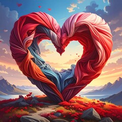 A vibrant, heart-shaped form is composed of folded fabric atop a grassy knoll overlooking mountains and a body of water with a dramatic sky