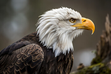 Bald Eagle Close-Up with Sharp Gaze and Blurred Background.
