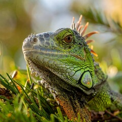Close-up profile shot of a green iguana amidst textured foliage