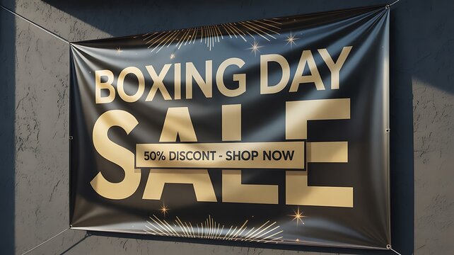 Boxing day sale banner with discount message on wall promoting holiday shopping
