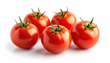 Five Ripe Red Tomatoes with Water Droplets on Stems in Studio Lighting with White Background
