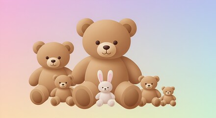 A group of cute, brown teddy bears and a white rabbit sit together on a gradient background.