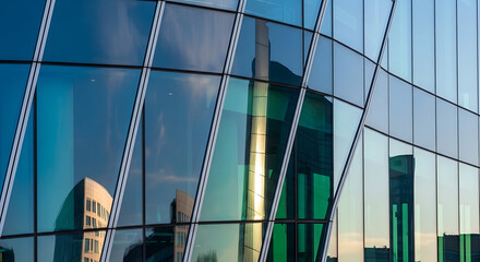 Modern architecture with glass facade reflecting urban landscape at daytime