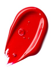 A vibrant, high-angle macro shot features a luscious, glossy red paint smear, showcasing texture and bubbles against white