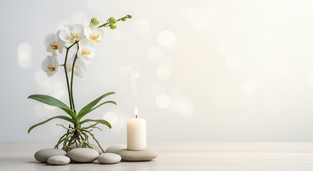 Serene composition of white orchid, smooth stones, and a candle with rising smoke
