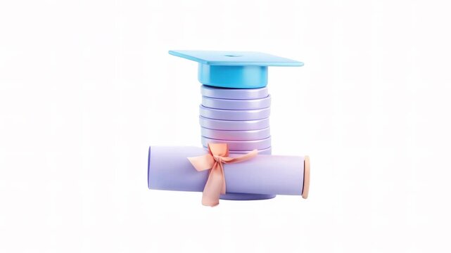 A colorful graduation cap resting on a stack of decorative tubes with a ribbon.