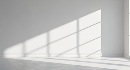 Sunlight streams through a window, casting stark shadows on the blank white wall and floor.