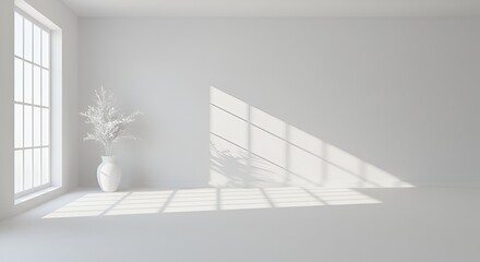 Obraz premium Minimalist all-white room with sunlight casting shadows, enhancing the serene and peaceful ambience.