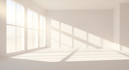 Fototapeta premium Sunlight streams through large windows in an empty, modern white room creating shadows