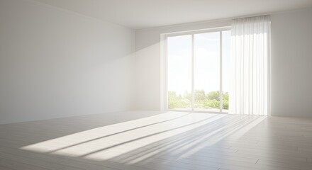 Fototapeta premium Sunlight streams into an empty all white room, highlighting the wood floor texture softly.