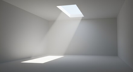 A minimalist gray room illuminated by a rectangular skylight casting bright light ray.