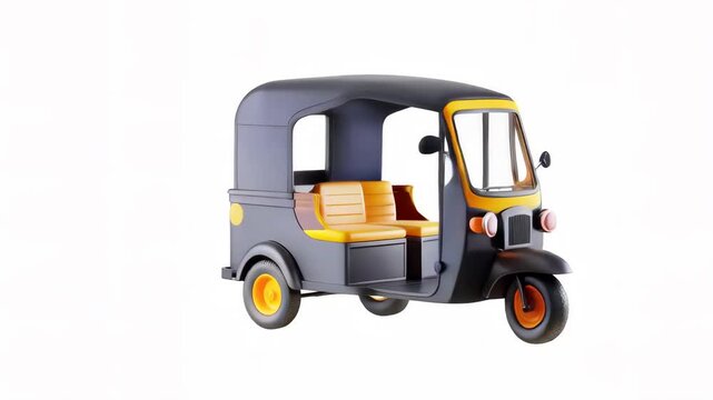 A 3D animated auto rickshaw model with a colorful design, viewed from the back on a white background.