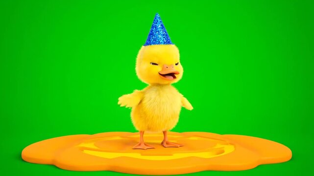 Cute Yellow Duckling Character with Sparkly Blue Party Hat on Orange Platform Green Screen Background. Adorable Chick Cartoon Animation Perfect for Children's Content and Festive Celebrations such as