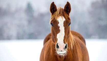 A stunning portrait of a chestnut-colored equine, facing the viewer directly against a blurred, snowy backdrop. It features a blaze marking