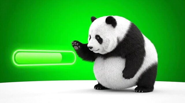 3D Render of Fluffy Panda Mascot Presenting a Glowing Progress Bar on Green Screen Background Animation of Animated Panda Bear Cartoon Character With Black and White Fur Standing on White Surface