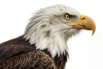 Bald Eagle Close-Up with Piercing Gaze and White Background.
