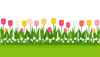 A vibrant, horizontal illustration featuring rows of tulips and daisies set against a bright green grass backdrop. A clean white sky