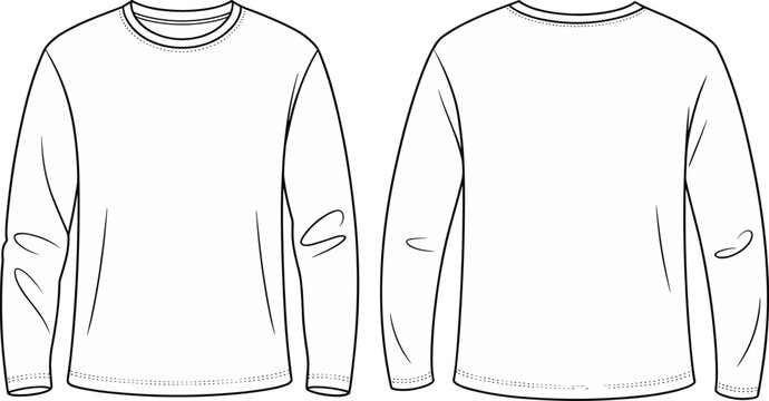 CAD drawing flat vector of long sleeve t-shirt front and back view, blank apparel template for fashion design illustration