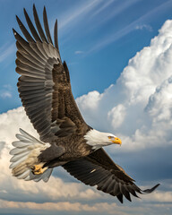 Majestic Bald Eagle in Flight Against Dramatic Sky Backdrop.
