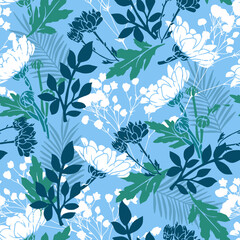 Spring Floral Symphony Blooms and Leaves in Blue can be use for background and pattern