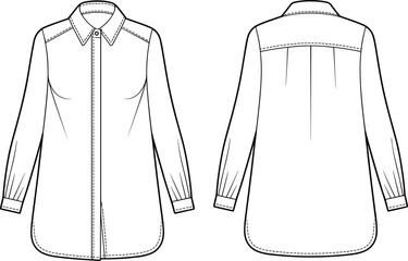 Women’s long sleeve tunic shirt flat sketch with collar and button front, fashion CAD front and back technical drawing