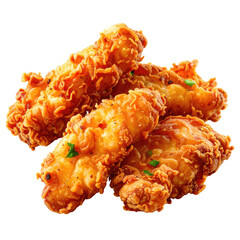Golden-brown, crispy-fried poultry pieces, piled in a close-up, isolated on a void background