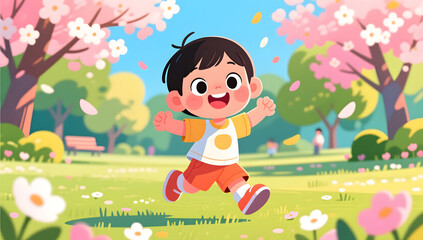 Fototapeta premium Cartoon kid playing outdoors on Children's Day