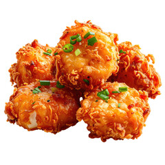 Close-up of golden-brown fried, round food with green garnish, stacked together