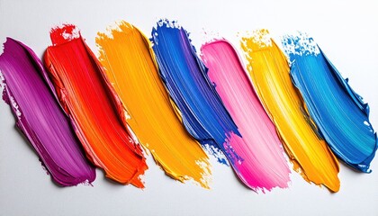 Diagonal Swathes Of Vibrant Oil Paint Colors Including Purple Red Orange Yellow Blue Pink Teal And Dark Blue On A Textured Silver White Background With A Smooth Finish Showing Subtle Texture
