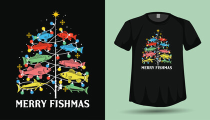 Merry Fishmas Christmas Tree Made of Fish and String Lights T-Shirt Graphic Design