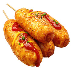 Golden fried, cylindrical food items skewered and adorned with sauces and garnish