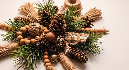 A rustic arrangement of pine cones, evergreen branches, and jute twine, adorned with wooden beads and bells.