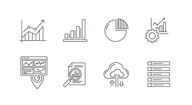 Collection of data analysis and business intelligence icons for digital presentation and reports vector