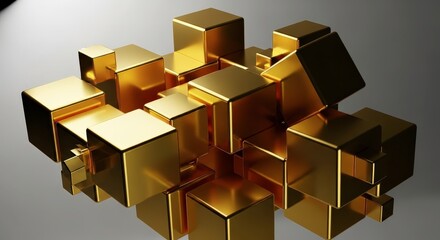 Abstract Arrangement of Shiny Golden Cubes Displayed in a Chaotic Formation