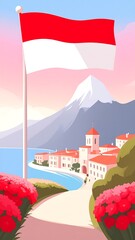 A vibrant illustrated scene showcasing a coastal village, a towering flag, and a mountain under a colorful sky. The image is stylized