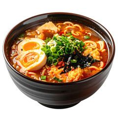Delicious bowl of Japanese ramen with noodles, egg, greens, and flavorful broth