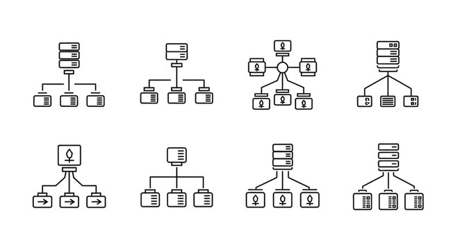 Set of eight hand drawn flowchart icons representing data structures and hierarchical organization vector