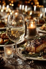 Christmas dinner table setting with wine glasses, candles, and festive menu