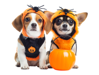 Cute Puppies Ready for Halloween Trick or Treating in Matching Spider Costumes isolated on a transparent background