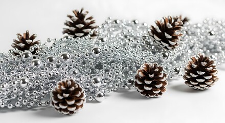 A festive arrangement of pine cones nestled amongst shimmering silver beads, evoking a winter holiday theme.