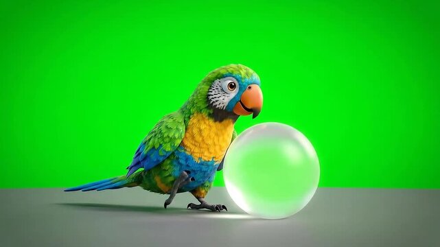 Adorable 3D Animated Parrot with Green and Blue Feathers and Yellow Patch Isolated by Green Screen Background with Two Luminous Spheres Character Design for Educational Content and Animated