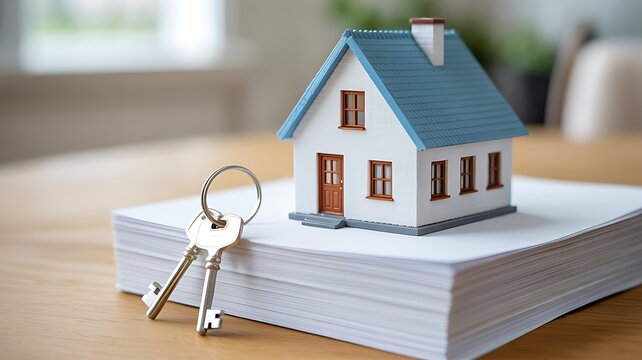 House model with keys on document table symbolizing real estate purchase and home ownership
