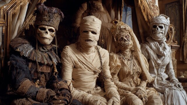 Four mummies dressed in ancient attire seated together in a dimly lit ornate room with elaborate draperies