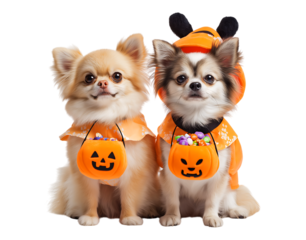 Two Adorable Chihuahuas Dressed Up for Halloween with Pumpkin Trick-or-Treat Buckets isolated on a transparent background