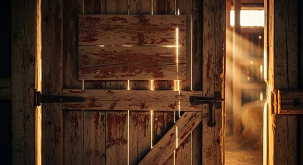 Warm light streaming through an aged, rustic wooden barn door detail