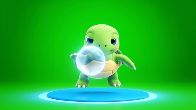 Delightful 3D Render of Smiling Cartoon Turtle with a Tan Shell and Lime Green Skin Animated with Floating White Bubbles on a Vibrant Green Screen Background Perfect for Children's Educational