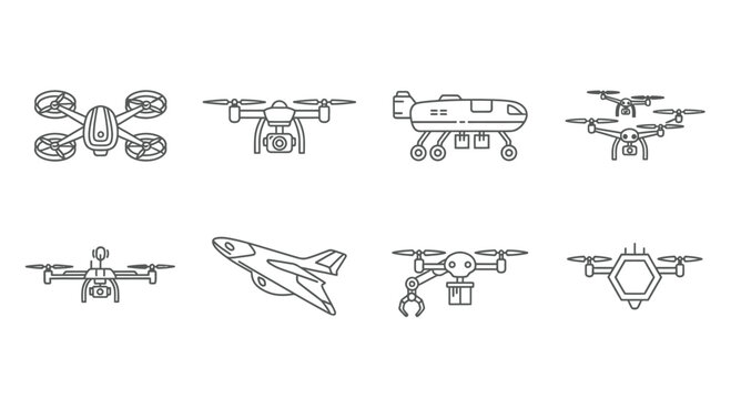 Collection of diverse drone aircraft designs line art icons for modern technology concepts vector