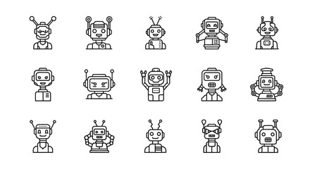 Collection of hand drawn cute robot icons and characters in sketch style for digital applications vector