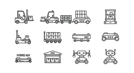 Collection of warehouse logistics and automation icons representing trucks forklifts robots and trains vector