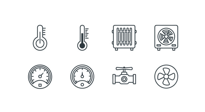 Set of icons representing temperature measurement hvac system components and gauge indicators vector